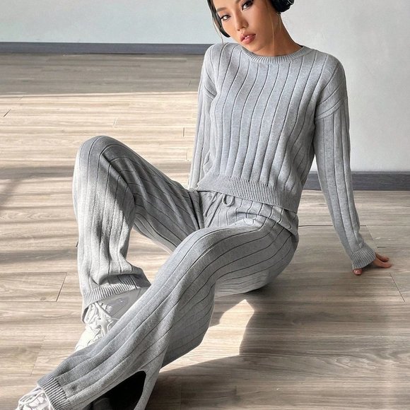 Grey Casual Solid Ribbed Knit Sweater & Drawstring Waist Knit Pants - Picture 5 of 5
